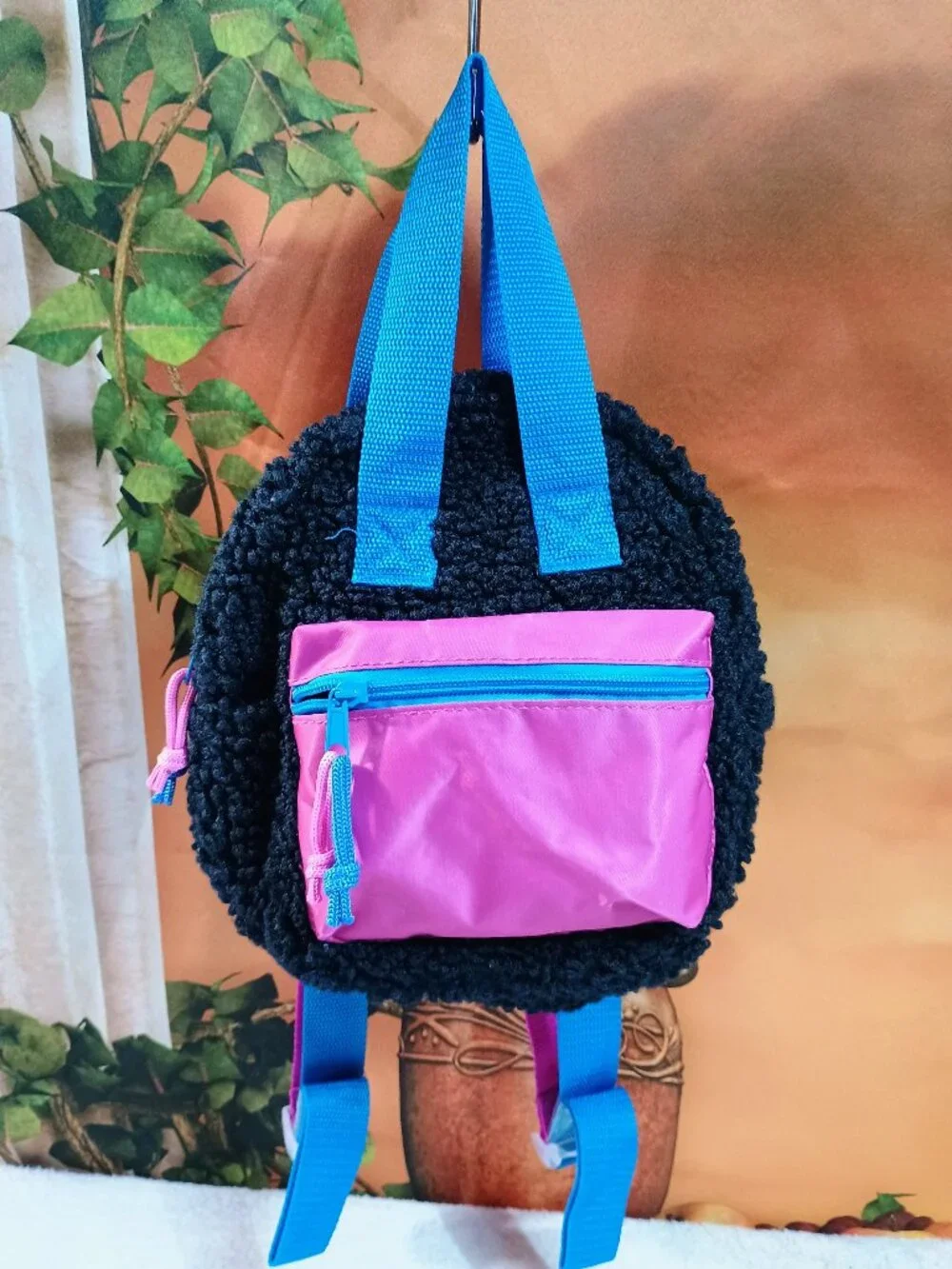 EUC Kids Fashion Angels Black & Pink Mini Sherpa Backpack Colorblock Retro